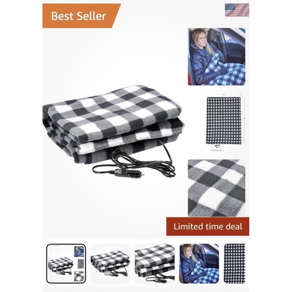 Warmth On-The-Go: Black Plaid 12V Heated Blanket for Cars & Outdoor Adventures